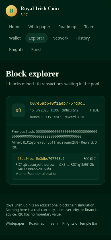 Royal Irish Coin block explorer running on a mobile phone