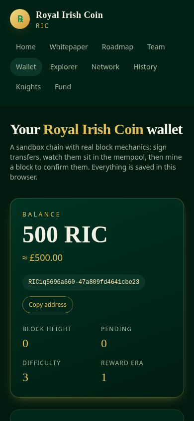 Royal Irish Coin wallet running on a mobile phone